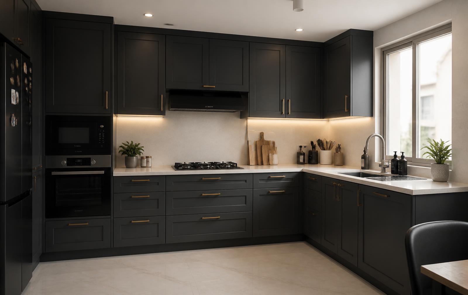Charcoal L-shaped modular kitchen with brass handles and quartz countertop in Lucknow
